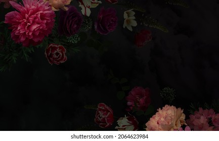 Vintage floral card with garden flowers. Peonies, roses, tulips, rhododendron, leaves, decorative herbs on black background. For business cards, covers, cosmetics packaging, interior decoration, phone - Shutterstock ID 2064623984