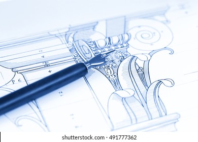 Vintage Fountain Pen & Architectural Drawing - Detail Column