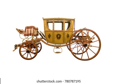Vintage four-wheel horse drawn carriage isolated on white background