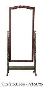 Vintage Furniture - Retro Wooden Ornate Rectangular Cheval Standing Dressing Mirror Painted In Dark Green And Brown Colors Isolated On White Background Including Clipping Path