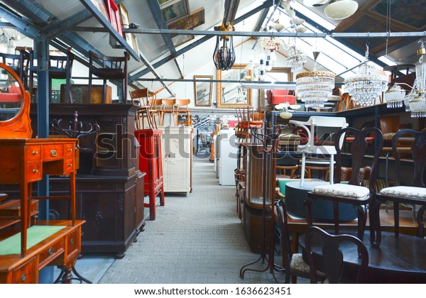 Vintage furniture shop.\
Second hand furniture market. Retro furniture for sale. Antique\
vintage store. 