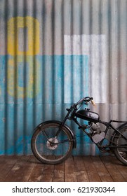 Vintage Garage Interior With Motorbike 