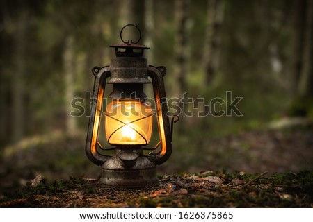 Vintage gasoline oil lantern lamp burning with a soft glow light in an dark forest / wood. Light in the darkness. Travel Outdoor Concept image.