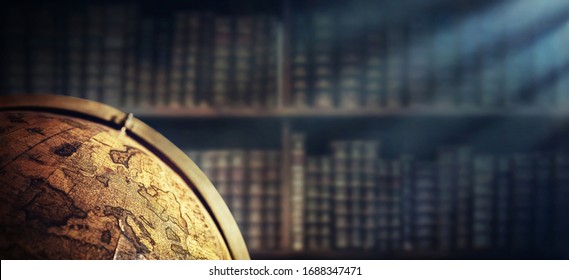 Vintage geographic globe on the background of bookshelves. Science, education, travel, vintage background. History and geography team. - Powered by Shutterstock