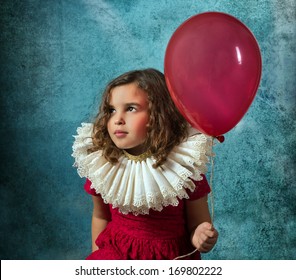 Vintage Girl Posing With A Victorian Ruff Collar And A Red Balloon