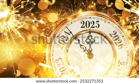 Vintage gold clock New Year 2025 with confetti, golden bokeh lights and fireworks. New Year 2025 card, creative idea.