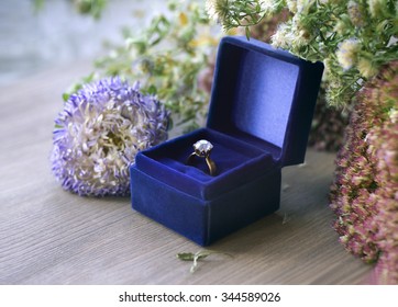 Vintage Gold Diamond Engagement Ring In Blue Velvet Box