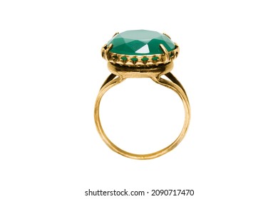 Vintage Gold Ring With Large Green Gemstone Isolated Over White