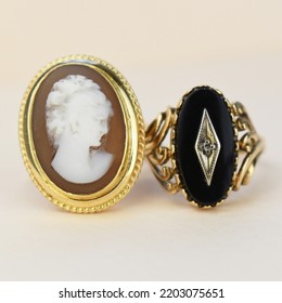 Vintage Gold Rings Background, Fine Estate Jewelry, Antique Lady Cameo Ring And Old Massive Black Onyx Ring