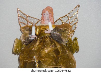 Vintage Golden Angel Christmas Tree Topper Ornament With Wings Holding Two Lights 