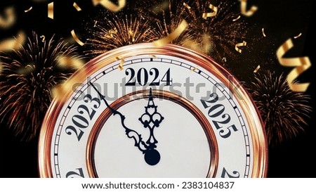 Vintage golden clock points to 2024 new year with confetti and fireworks. New Year card, concept. Christmas, creative idea