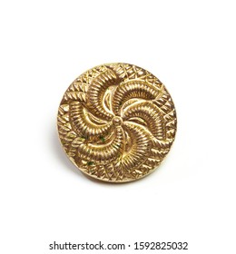 Vintage Golden Cloth Button Closeup On White Background