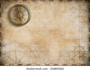 Vintage Golden Compass With Nautical Map Background