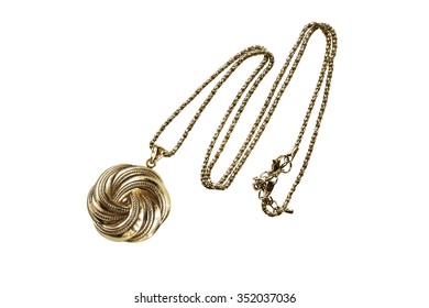 Vintage Golden Medallion On A Chain Isolated Over White