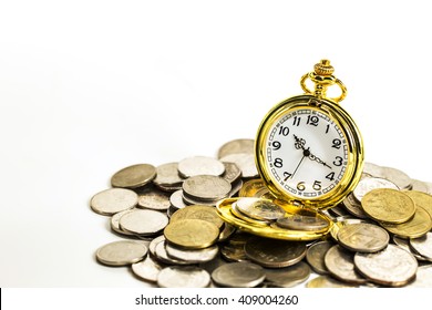 Vintage Golden Pocket Watch With Stack Coins Isolated On White Background.time Money Concept. 