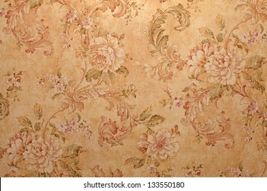 Vintage Golden Run-down Victorian Wallpaper With Baroque Floral Pattern