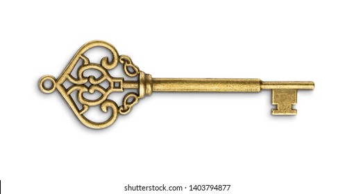 Vintage Golden Skeleton Key Isolated On White Background