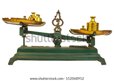 Vintage green weight balance scale isolated on white with old counterweights on the trays