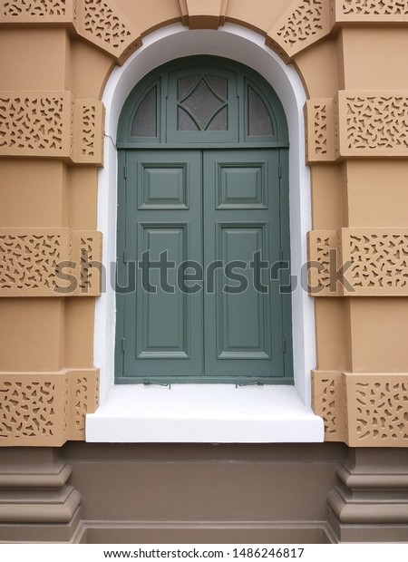 Vintage Green Wooden Windows Stucco Brown Stock Photo Edit Now