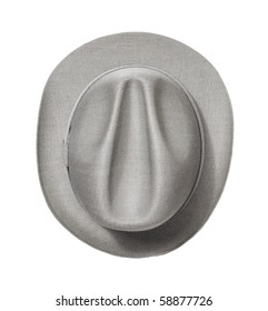 Vintage Grey Trilby Hat Isolated On White, View From Above.