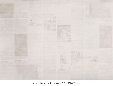 Vintage Grunge Newspaper Paper Texture Background. Blurred Old News Background. A Blur Unreadable Aged Newspapers Page With Place For Text. Gray Brown Beige Collage News Pages Background.