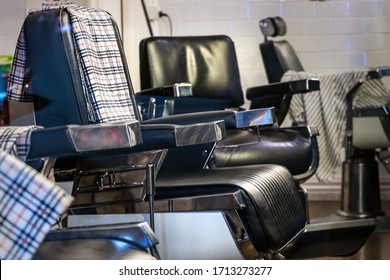 Vintage Hair Dresser Chair Empty. Barber Shop Closed During Pandemic Lockdown.