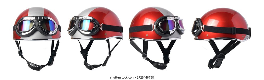 Vintage half motorcycle helmet with glasses, isolated with clipping path on white background. - Shutterstock ID 1928449730