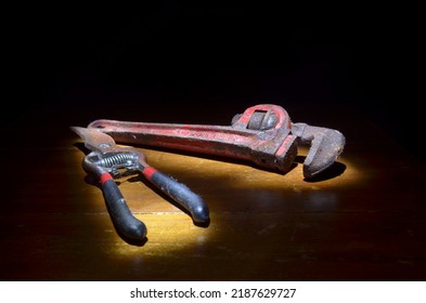 Vintage Hand Tools In The Dark Background 