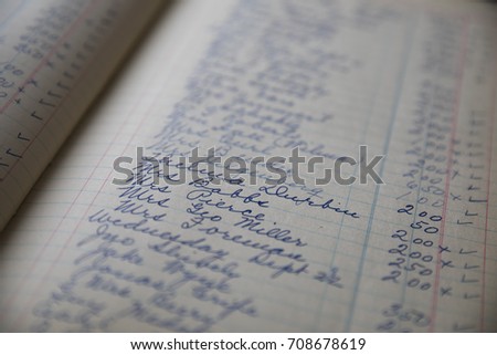 Vintage handwritten ledger of women's names and amounts with selective focus.