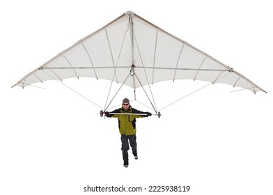 Vintage hang glider. Happy retro hang glider pilot isolated on white. Pilot holding his hang glider wing.
