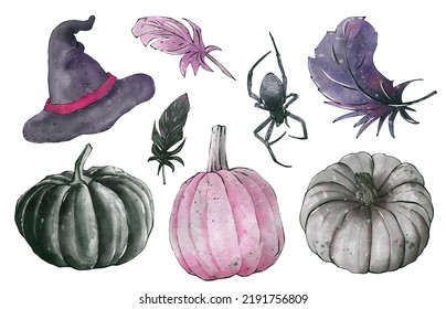 Vintage happy Halloween. Set of elements in black and pink color. Hand painted watercolor ilustration - Powered by Shutterstock