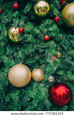 Vintage Hipster Tone Christmas Tree Hanging Sparkling Golden Disco Balls Colorful Lighting Illumination Decoration Baubles Closeup Vintage Hipster Tone Christmas Tree Hanging Sparkling Golden Disco Balls Colorful Lighting Illumination Decoration Baubles Closeup