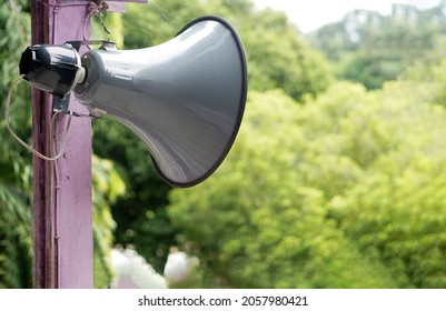 Vintage Horn Speaker On The Pole  At The Park. Concept : Equipment              For Public Announcement Or Warning For Danger Or Emergency Events.                