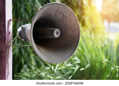 Vintage Horn Speaker On The Pole  At The Park. Concept : Equipment              For Public Announcement Or Warning For Danger Or Emergency Events.                                    