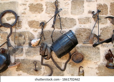 Vintage Household Utensils Put To Attract Tourists In A Tavern In The Old Town Of Rhodes. Rhodes, Greece