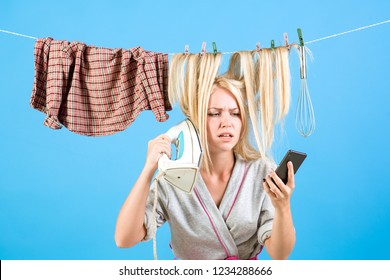 Vintage housekeeper woman. Multitasking mom. Performing Different Household Duties. Maid or housewife cares about house. emotional retro housewife. Busy mother. always online. online shopping