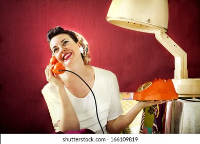 Vintage Housewife Chats On The Phone In Hair Salon