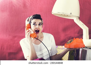 Vintage Housewife Chats On The Phone In Hair Salon