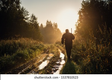 Vintage hunter walks the forest road. Rifle Hunter Silhouetted in Beautiful Sunset or Sunrise. Hunter aiming rifle in forest