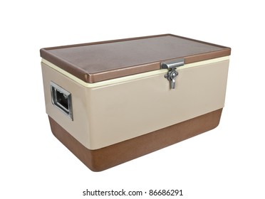 Vintage Ice Chest Cooler From The 1970's Isolated On White.