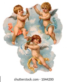 A vintage illustration of three cherubs in the clouds (circa 1882)