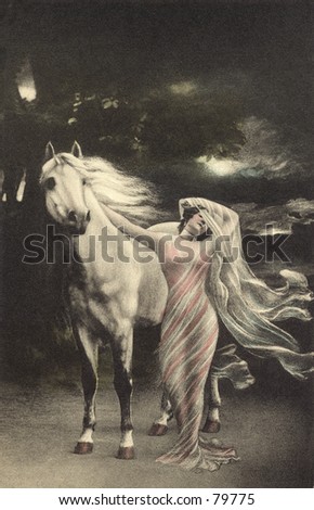 Vintage illustration of woman in flowing gown with horse