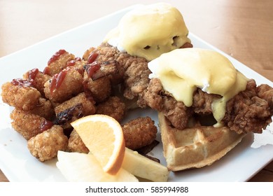 Vintage Image Of Eggs Benedict With Fried Chicken And Waffles