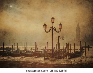 Vintage image of gondolas in Venice at sunrise, Veneto, Italy.
 - Powered by Shutterstock