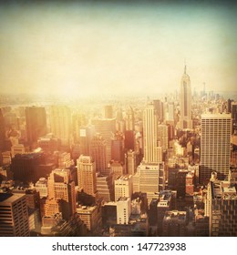 Vintage Image Of New York City Manhattan Skyline At Sunset. 