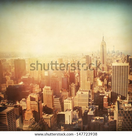 Vintage image of New York City Manhattan skyline at sunset. 