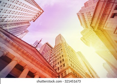 Vintage Instagram Filtered Wall Street At Sunset, Manhattan, New York City, USA.