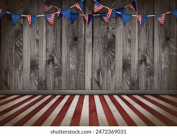 Vintage interior in wild west style in USA flag colors and old grunge wooden wall background and striped floor, 4th of july Independence Day theme, retro festive concept for american national holidays - Powered by Shutterstock