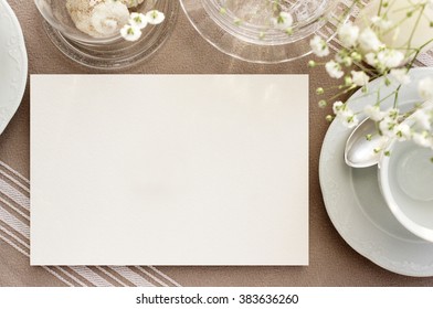 Vintage Invitation, Menu Mockup. Blank Card On A Table With Beautiful Dishes For Tea.