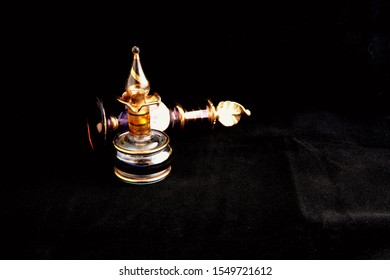 Vintage Iridescent Hand Blown Glass Perfume Bottle Daubers; Antique Blown Glass On A Black Background. 